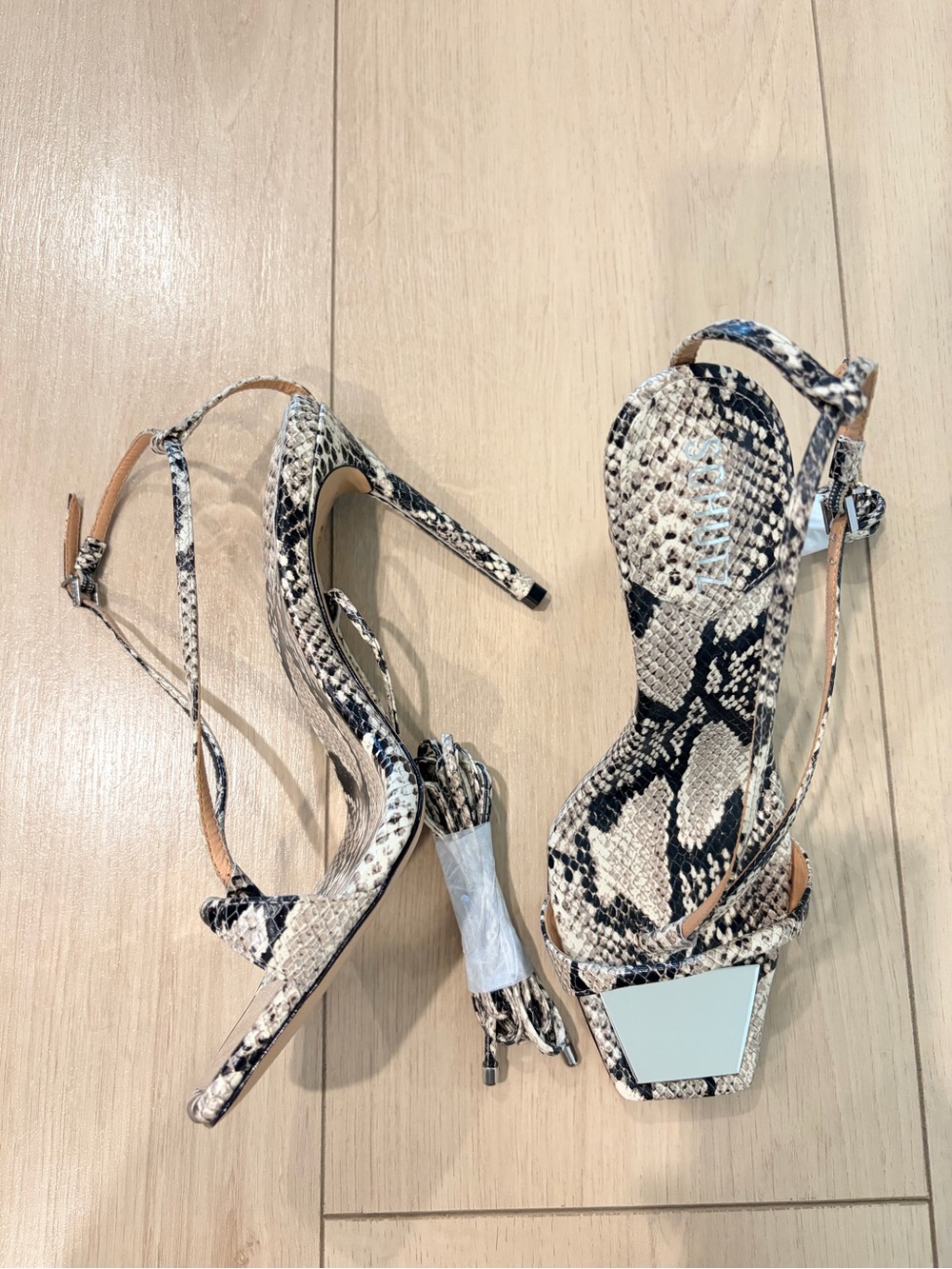 SCHUTZ Snake-Print Strappy Heels in Black & Cream - Picture 3 of 4